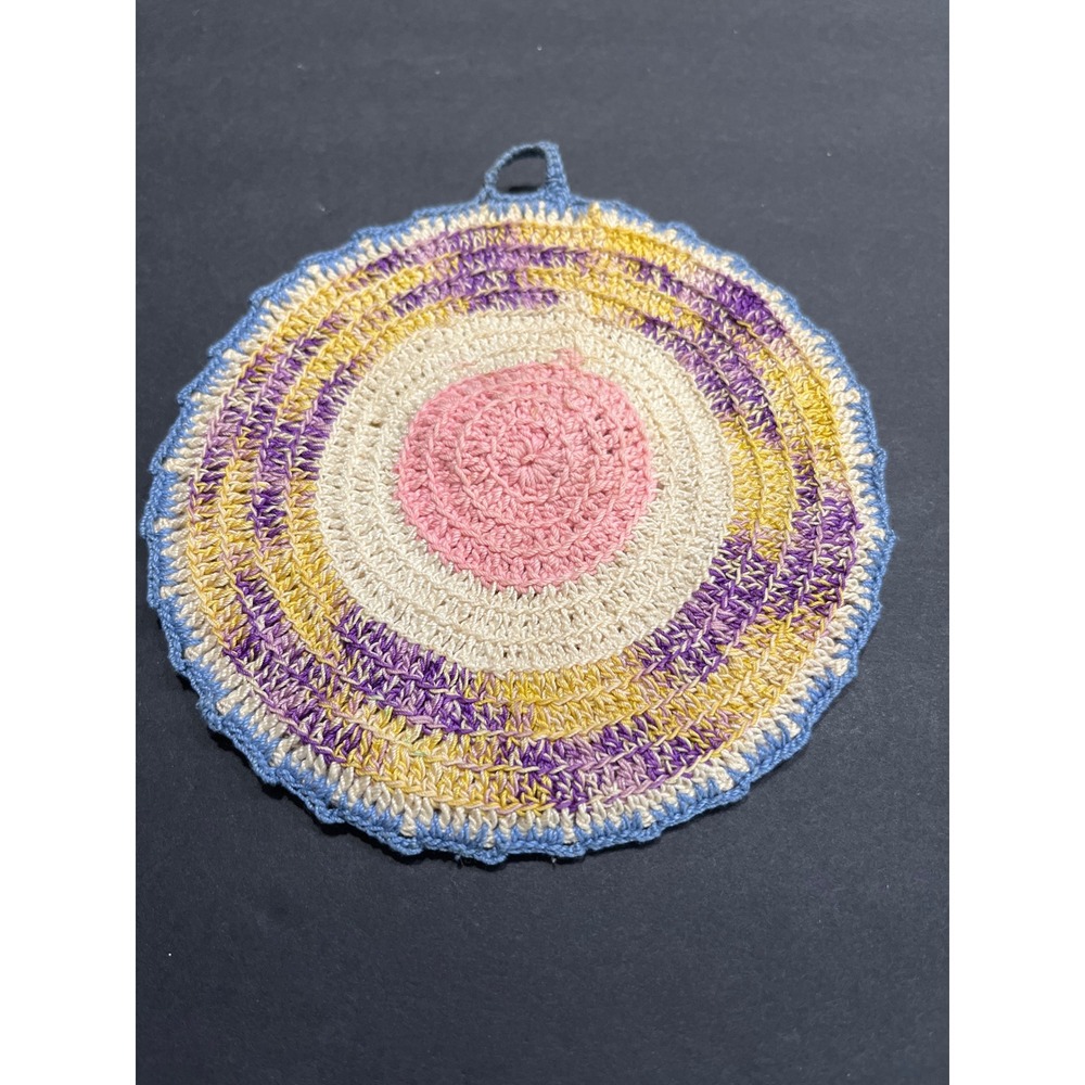 Vintage Handmade Crochet Potholder Trivet Round Pink Yellow Purple Blue 6.5in